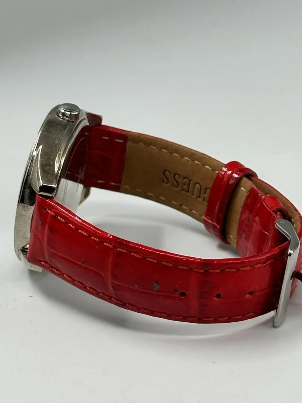 Guess Watch Women Silver Tone Logo Dial 36MM Red Leather Band New Battery